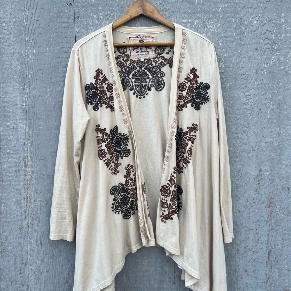 JW Los Angeles Open Cardigan Large  Boho Aztec Waterfall Embroider Brn/Beige